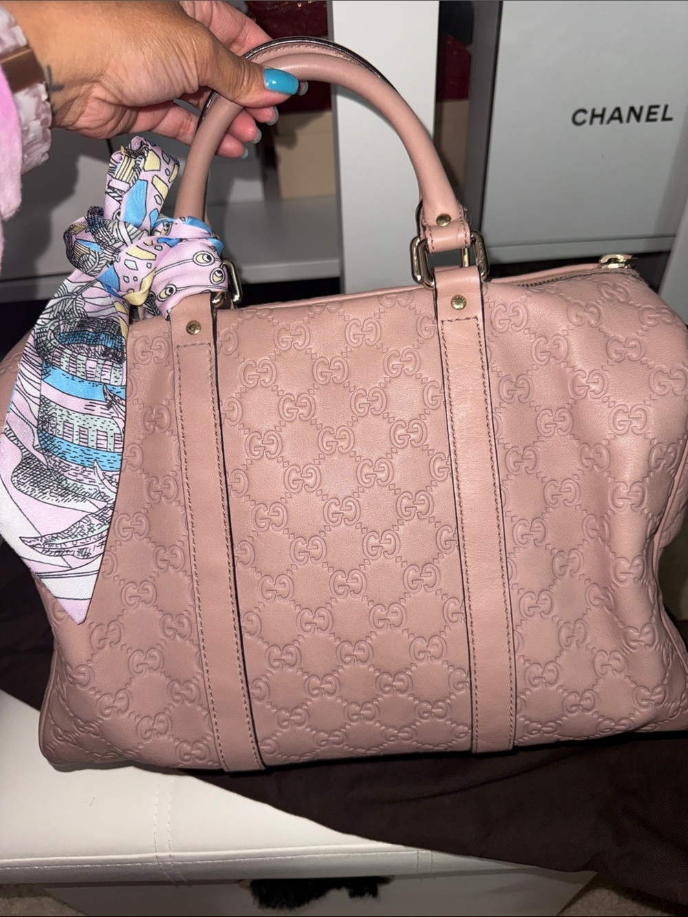 Authentic Boston Bag Gucci Dusty Pink GG Embossed Leather Top-Handle Tote - Picture 5 of 10